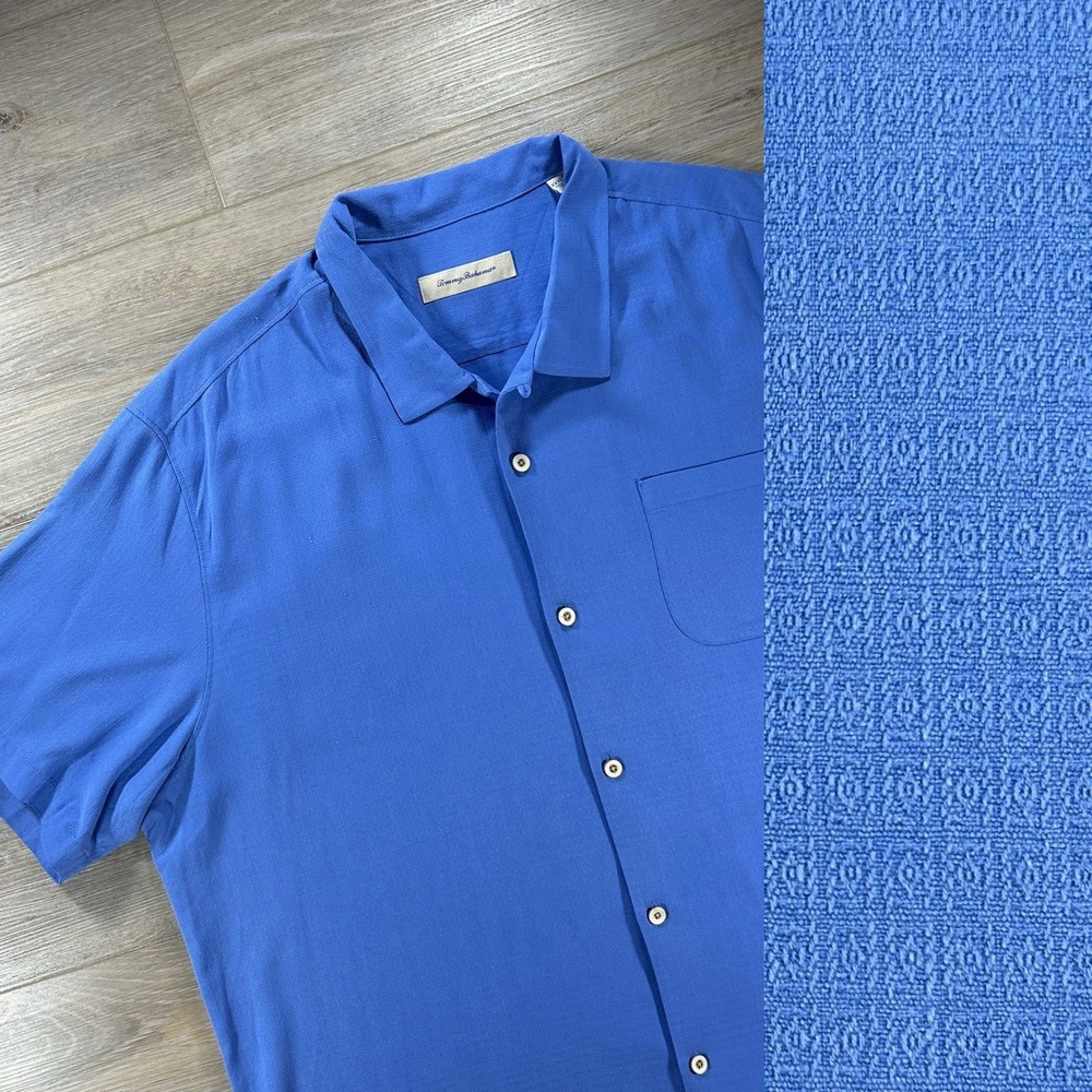 Tommy‎ Bahama 3XL Loop Collar 100% Silk Blue Button Up Shirt Mens Tropical Beach